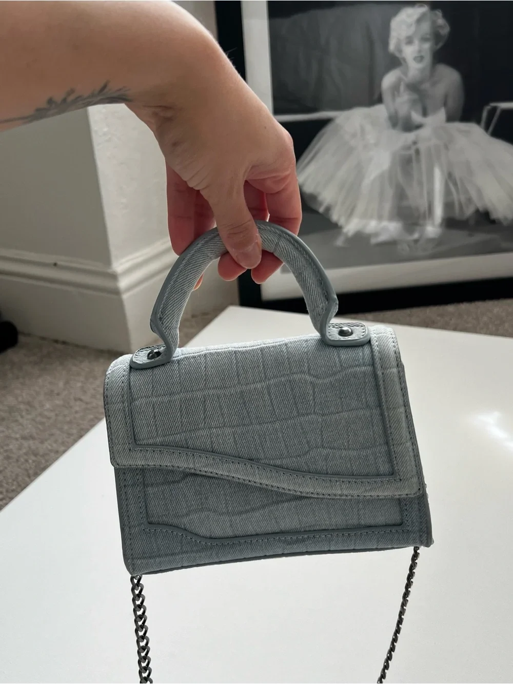 Zara Light Blue Denim Quilted Crossbody Top-Handle Bag